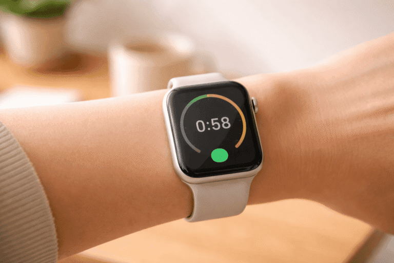 手首のApple Watchにシンプルなタイマー画面が表示されているクローズアップ