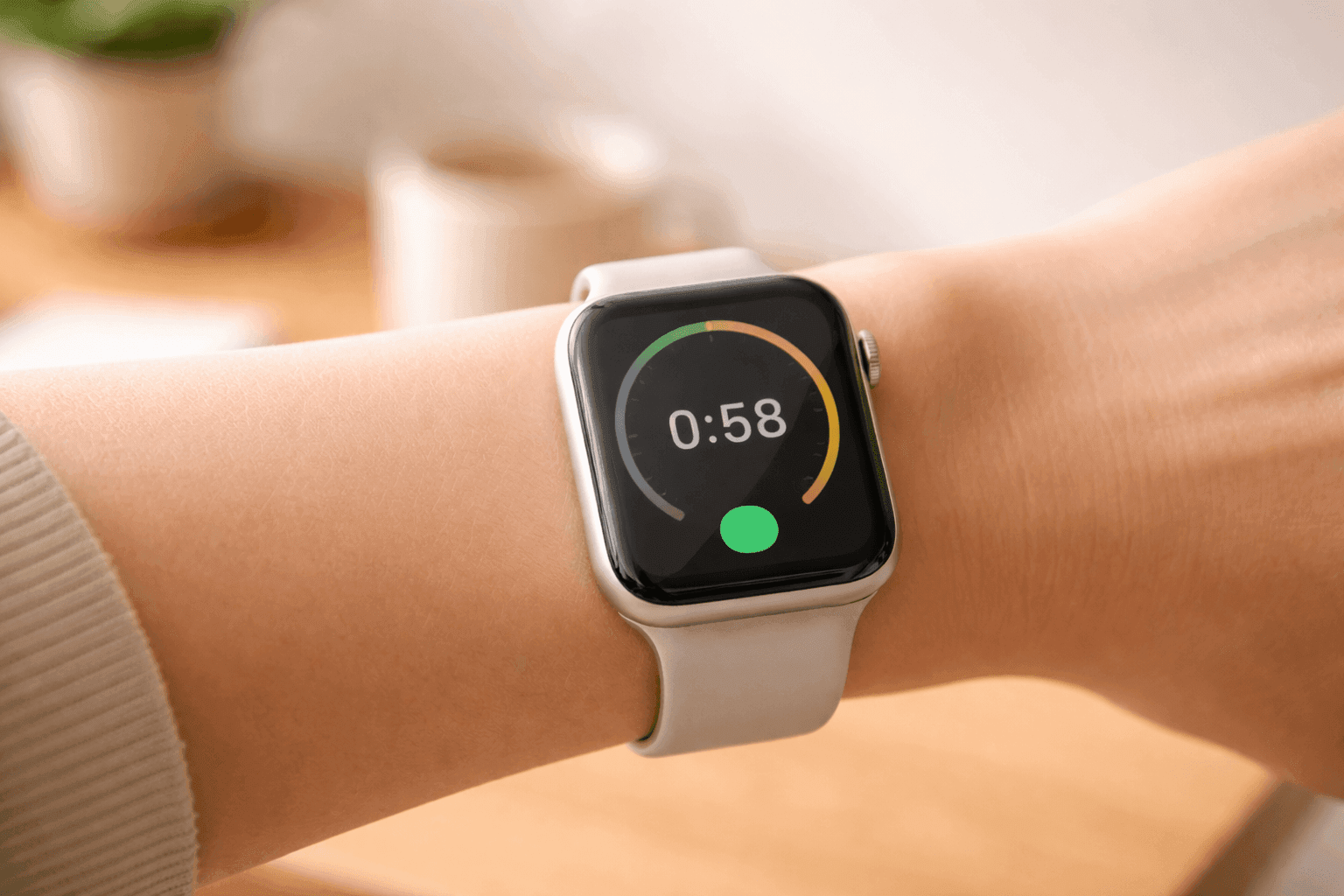 手首のApple Watchにシンプルなタイマー画面が表示されているクローズアップ