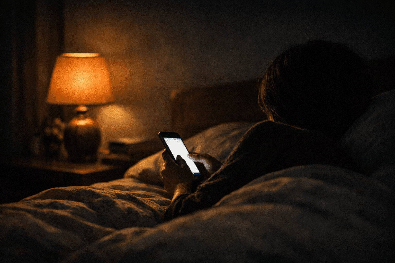夜の薄暗い部屋でベッドに横になり、スマートフォンの画面を見ている人物。間接照明の温かい光と画面の白い光だけが見える。体調が悪い日でもAIに頼れる静かな夜の時間を表しています。