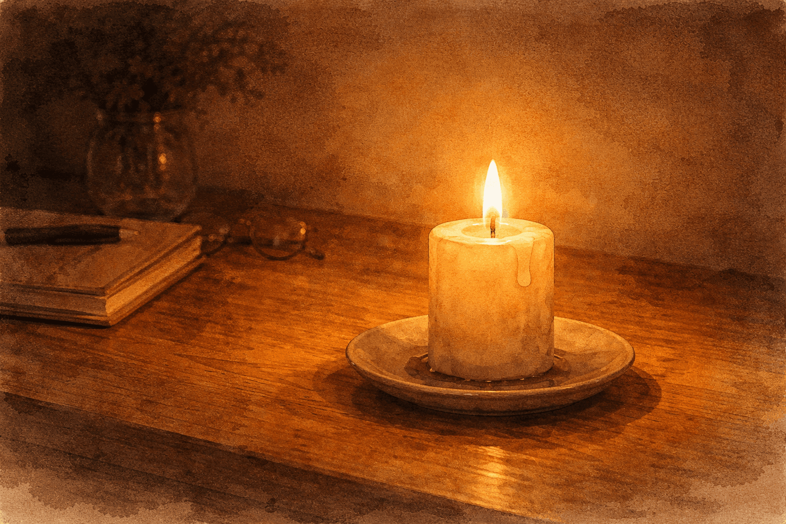 ひとつのキャンドルが静かな部屋を照らしている、夜のひとり時間を感じるイメージ