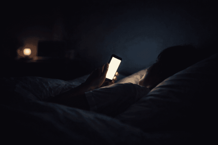 薄暗い部屋で、スマートフォンの光だけが手元を照らしているイメージ