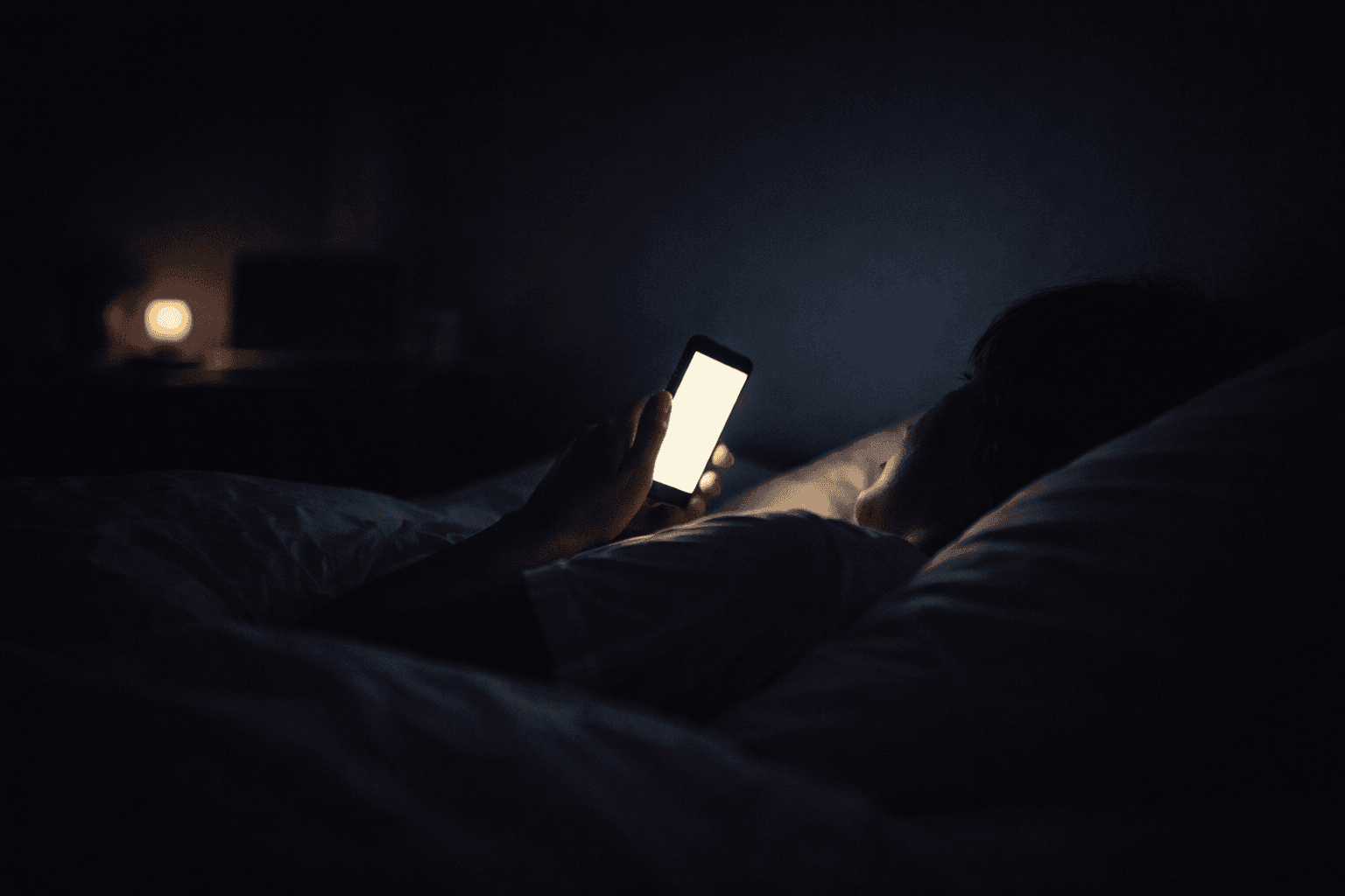 薄暗い部屋で、スマートフォンの光だけが手元を照らしているイメージ