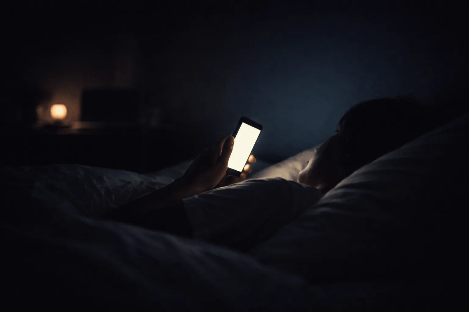 薄暗い部屋で、スマートフォンの光だけが手元を照らしているイメージ