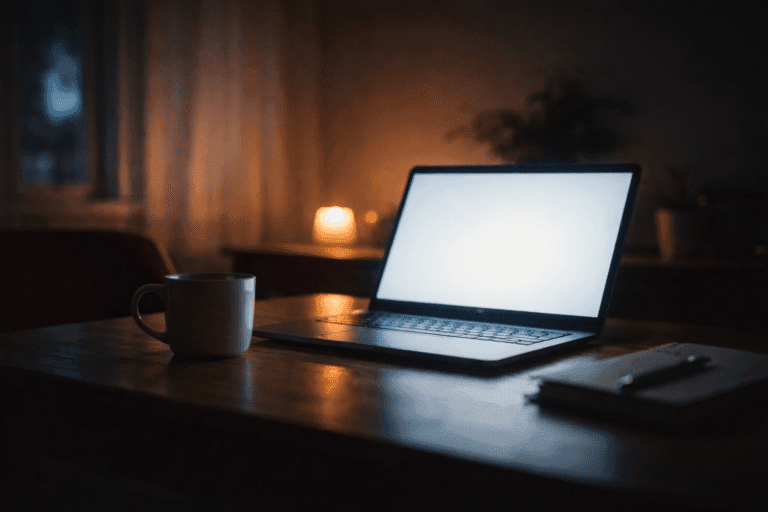 暗い部屋の木のテーブルに置かれた開いたノートパソコンと、その横のマグカップ。画面の白い光とキャンドルの暖かい灯りが静かに共存している、夜の作業空間のイメージ。