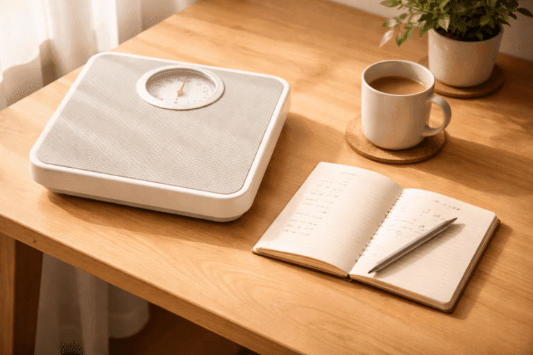木製のデスクに置かれた体重計と、手書きの数字が並ぶノート