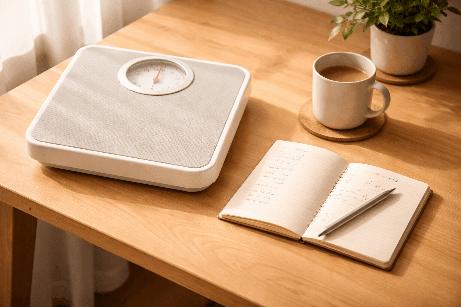 木製のデスクに置かれた体重計と、手書きの数字が並ぶノート