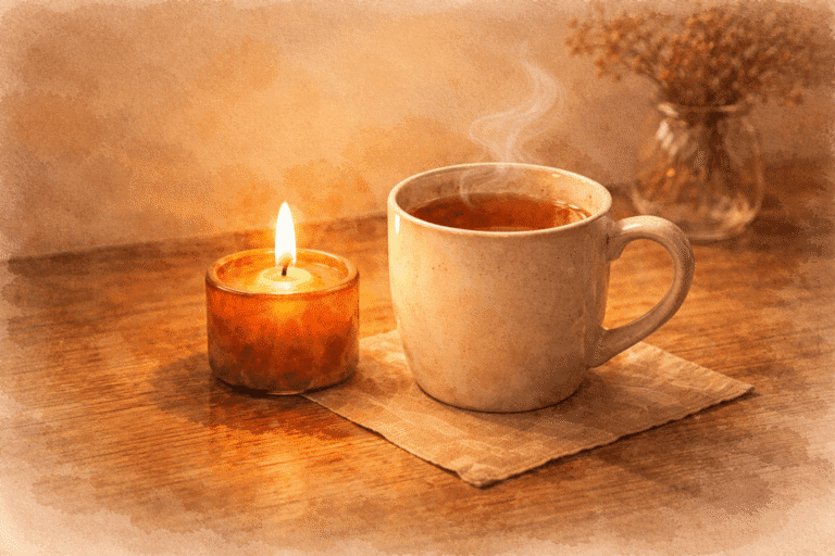 キャンドルとマグカップが小さなテーブルに並ぶ、日常のひとこまを感じるイメージ