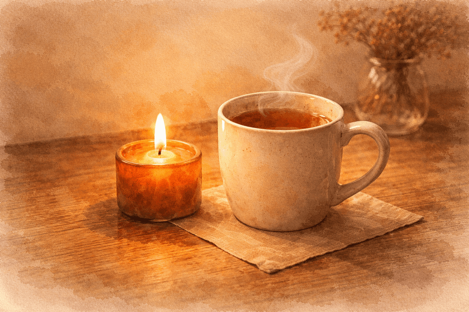 キャンドルとマグカップが小さなテーブルに並ぶ、日常のひとこまを感じるイメージ