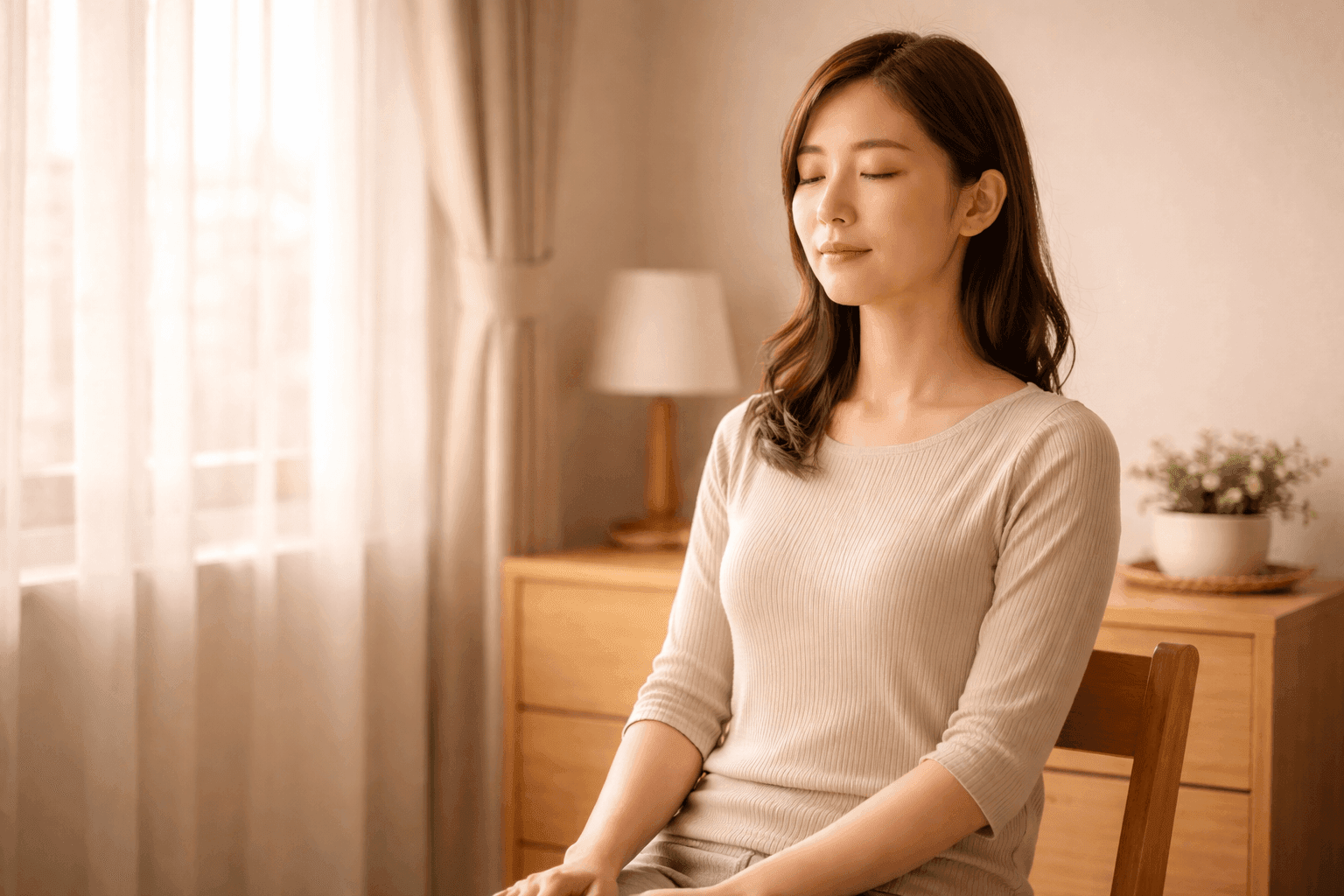 窓辺の椅子に背筋を伸ばして座り、静かに呼吸を整えている人