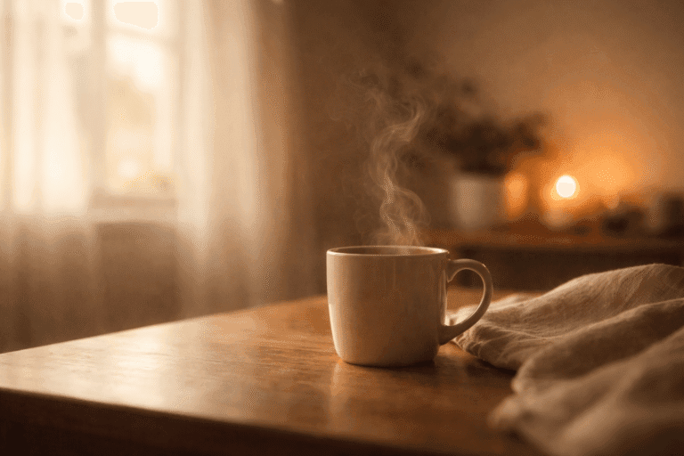 温かみのある木のテーブルに置かれたマグカップと、ゆっくり立ち上る湯気。窓からの柔らかな光と、遠くにキャンドルの灯りが見える、静かな朝のイメージ。
