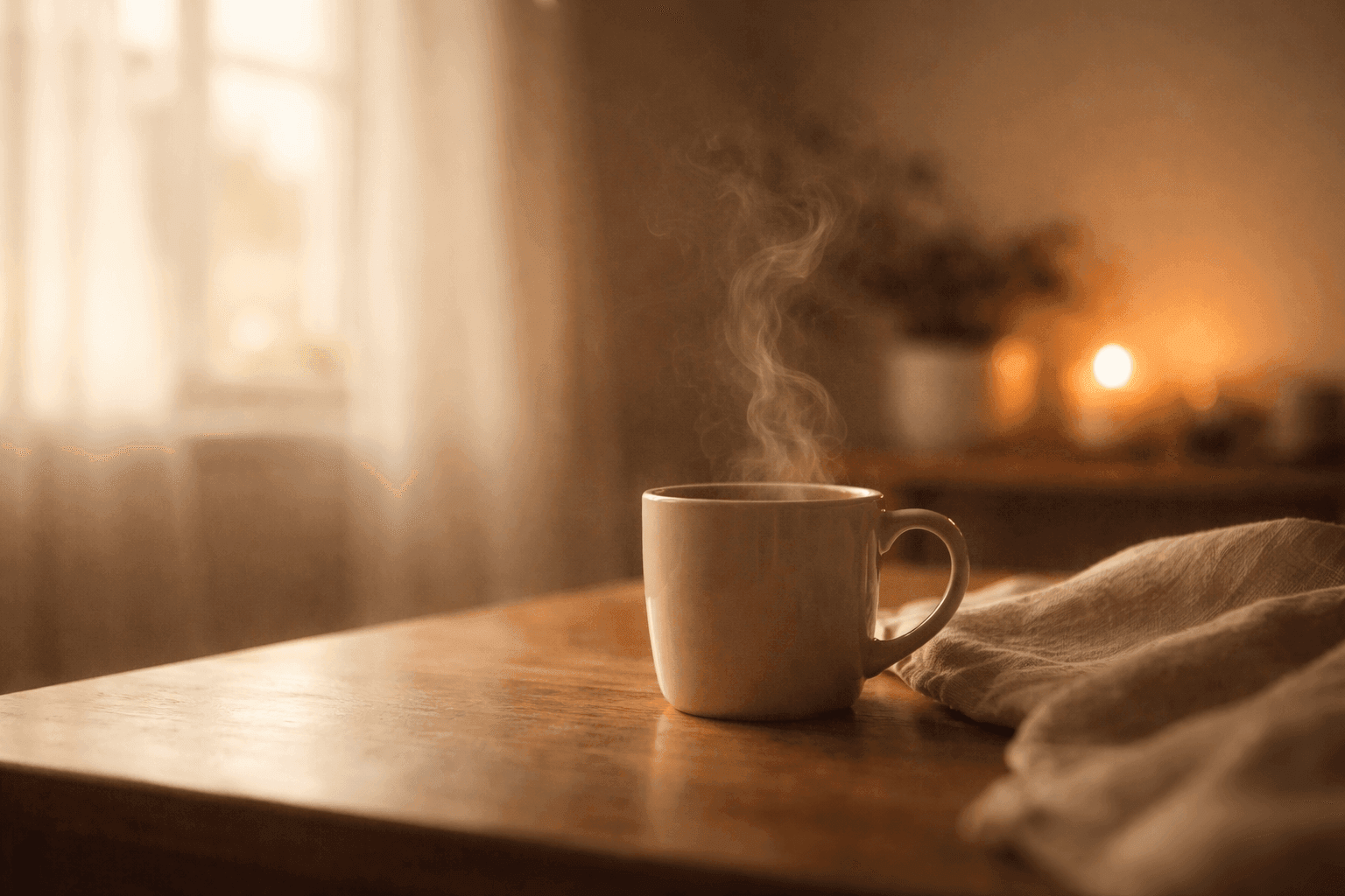 温かみのある木のテーブルに置かれたマグカップと、ゆっくり立ち上る湯気。窓からの柔らかな光と、遠くにキャンドルの灯りが見える、静かな朝のイメージ。