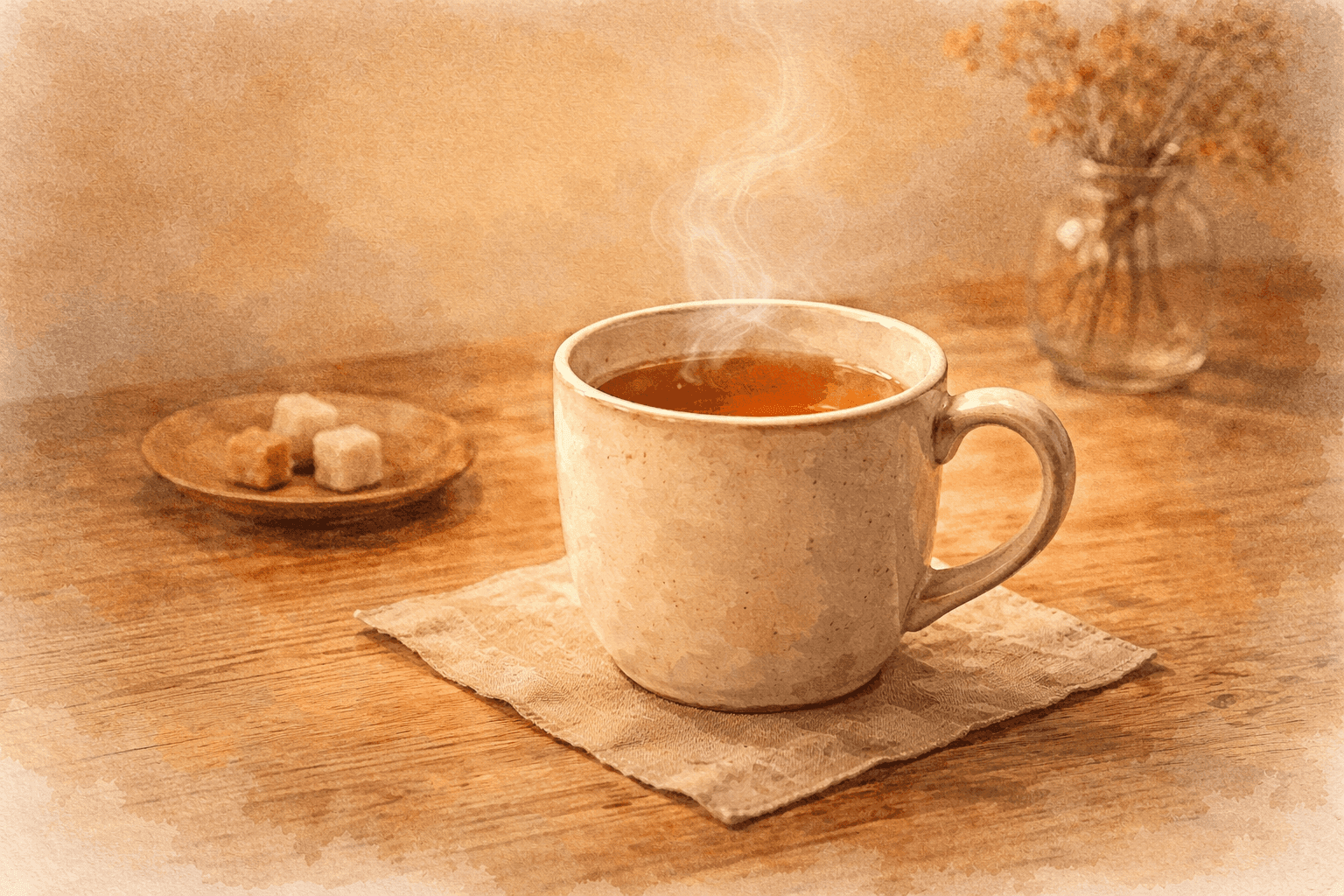マグカップからゆっくりと湯気が立ちのぼる、落ち着いた温かみのあるイメージ