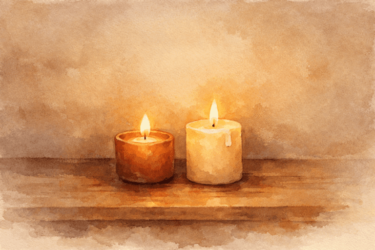 暗い部屋でふたつのキャンドルが並んで灯っている、温かみのある静かなイメージ