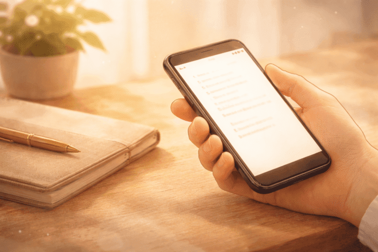 手のひらにスマートフォン、静かな光のイメージ