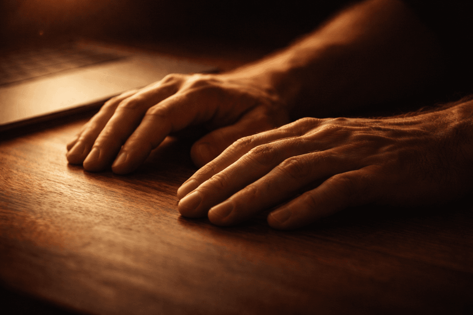 デスクに置かれた両手のクローズアップ。しびれがある状態でのデスクワーク継続を示すイメージ。