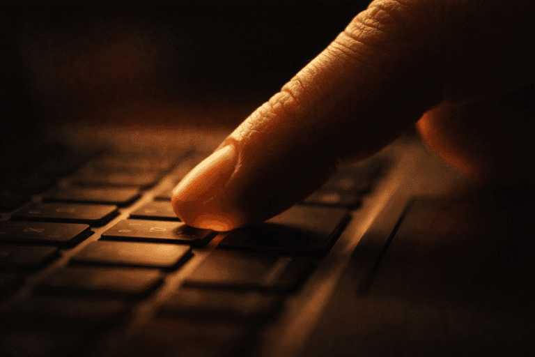 指がしびれた状態でキーボードの一キーを押そうとしている指先のクローズアップ。AI出版継続のイメージ。