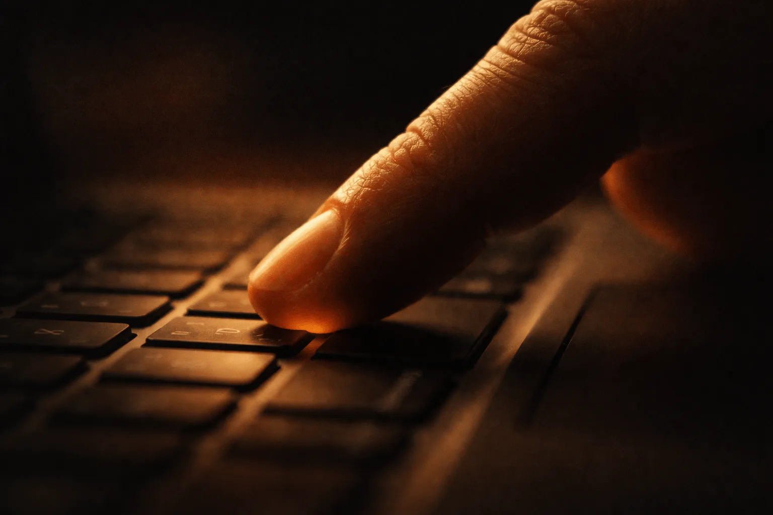 指がしびれた状態でキーボードの一キーを押そうとしている指先のクローズアップ。AI出版継続のイメージ。