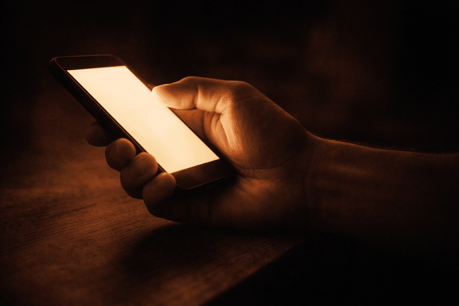 薄暗い寝室でスマートフォンを見ている手のクローズアップ。指のしびれ・痛みがある日でも仕組みが動き続けていることを確認する様子。