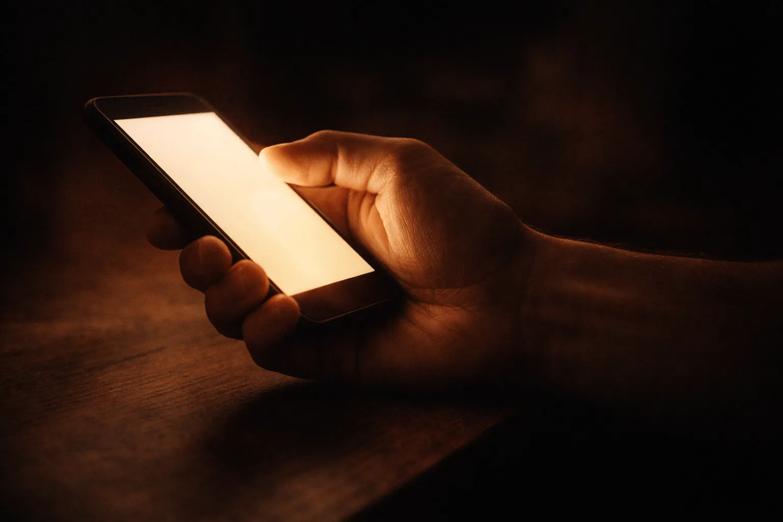 薄暗い寝室でスマートフォンを見ている手のクローズアップ。指のしびれ・痛みがある日でも仕組みが動き続けていることを確認する様子。